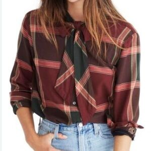 Madewell Sz Large Plaid Bow-Tie Blouse